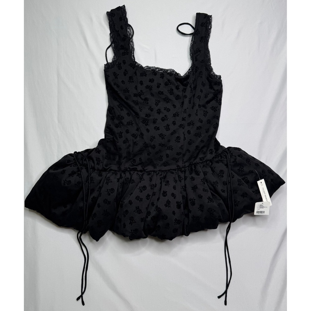 NWT For Love & Lemons Claira Asymmetric Mini Dress Bubble Hem Black Size Large